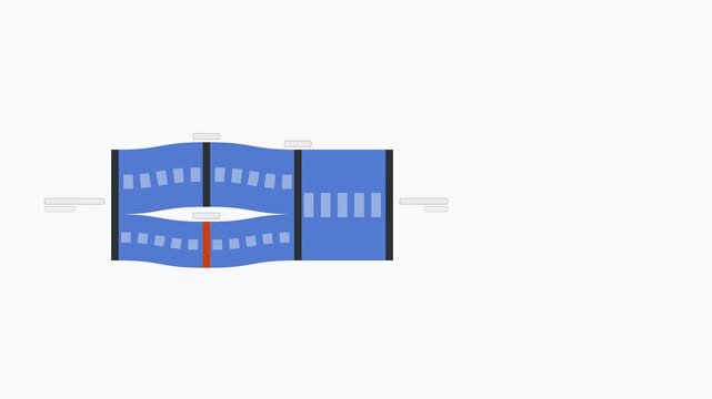 Seamless 4K looping data visualization: linear process flow animated forked. Clean flat vector diagram in blue and azure on a light background, with grey placeholder bars instead of real labels so you