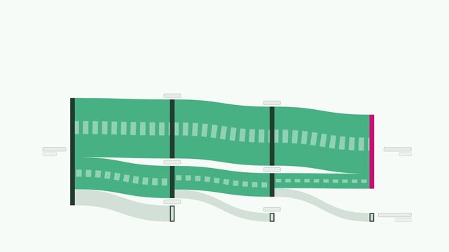 Animated journey path with branches forking drawn as a minimal flat vector chart in green and emerald on a light background. Smooth 4K seamless loop with blank label tags and room for your own numbers