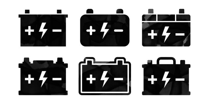 Collection of battery icons featuring lightning symbols and plusminus signs in various styles and shapes for energyrelated designs isolated on transparent background