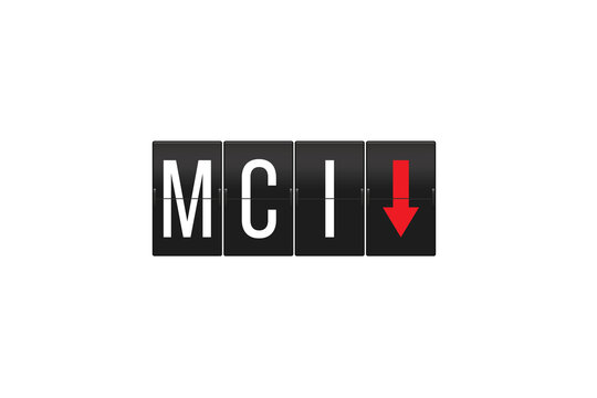 MCI airport code letters appearing on a vintage split-flap display board with a red down arrow, symbolizing arrivals or a downward trend, isolated on a transparent background