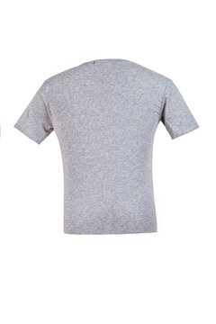 Back view of blank heather grey short sleeve t-shirt, isolated on white background
