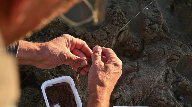 Fisherman Selecting Live Sea Worm Bait from Container and Threading It onto a Baiting Needle, Natural Fishing Bait Preparation and Surfcasting Supplies
