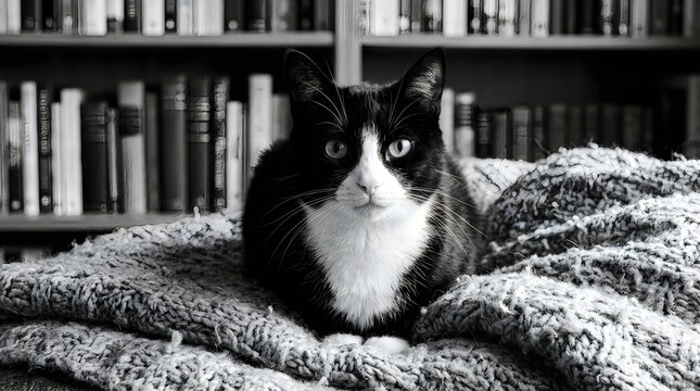 Cute black and white cat sitting on a cozy blanket in front of a home library bookshelf