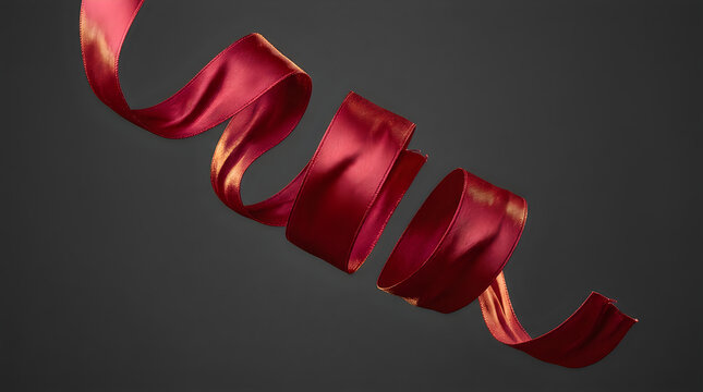 Elegant red satin ribbon swirling in the air on a dark grey background for festive celebrations