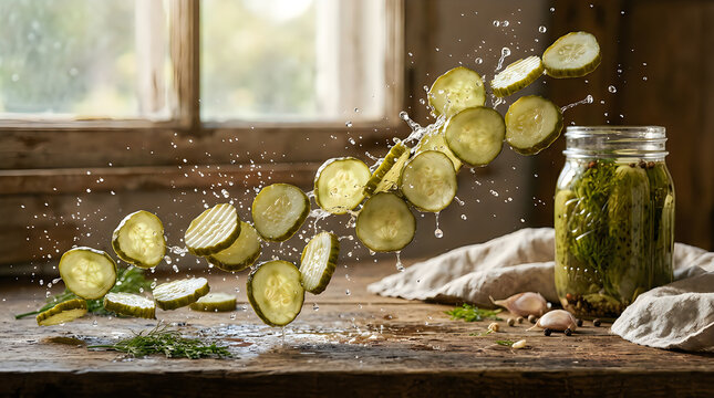 Fresh green cucumber slices flying with water splashes near a glass jar on a rustic wooden table