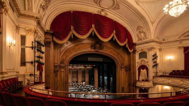 Empty vintage theater stage with red curtains and golden architecture in a historic concert hall