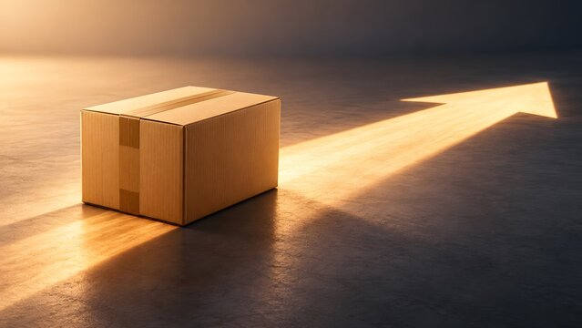 Cardboard shipping box with glowing light arrow representing fast logistics delivery progress and future e-commerce concept, 3d render.