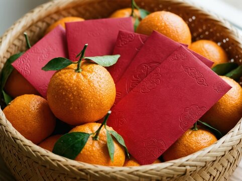 Mandarin Orange In Bamboo Basket For Lunar New Year