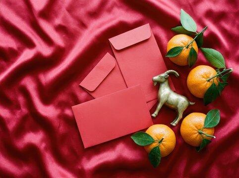 Red Envelope And Mandarin Orange Display For Lunar New Year