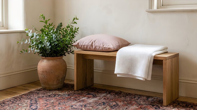 Wooden bench with a soft blanket and pillow next to a green plant in a bright cozy home interior