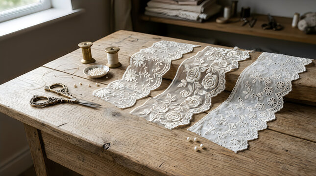 Vintage white lace trim strips with sewing tools on a rustic wooden table for craft projects