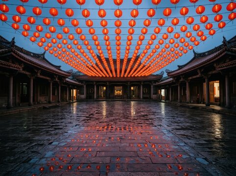 Glowing Red Lanterns Hanging In Traditional Courtyard