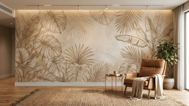 Modern living room interior with a comfortable armchair and a tropical palm leaf wall mural art