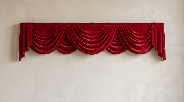 Red velvet fabric window valance with elegant pleated drapes hanging on a light colored wall