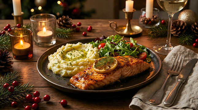 Roasted salmon fillet with mashed potatoes and green salad served on a wooden dinner table