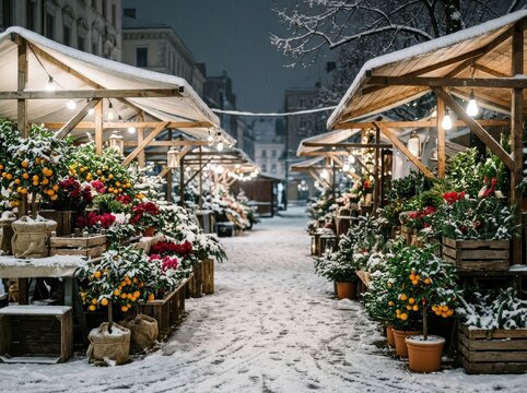 Snow Covered Flower Market Stalls On A City Street