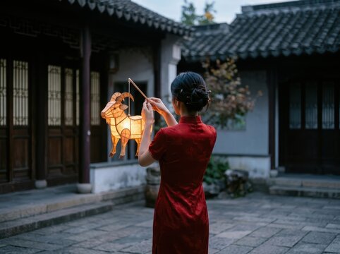 Woman Raising A Goat Lantern In Chinese Courtyard