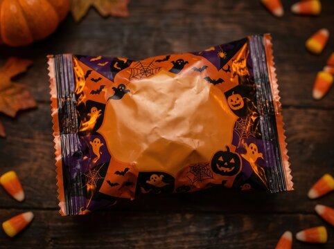 halloween candy packaging blank Halloween-themed candy wrapper surrounded by candy corn and autumn leaves