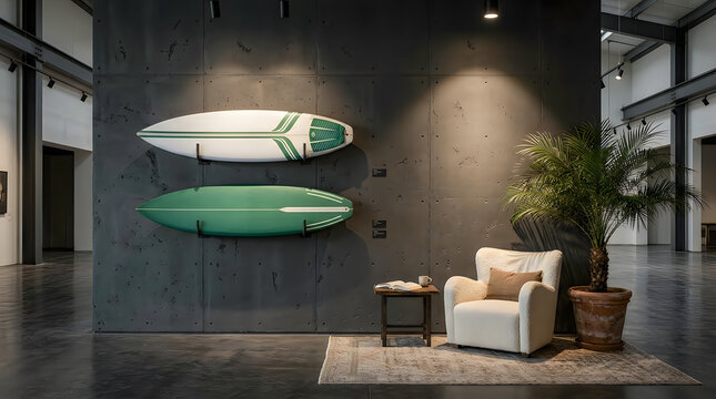 Two surfboards hanging on a dark wall in a modern living room with a comfortable armchair and plant