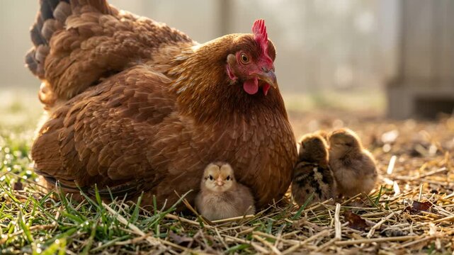 red star chicken with chicks close up in morning light at lancaster county pennsylvania video