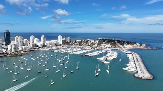Punta del Este Marina and Motorboat Wake Aerial View