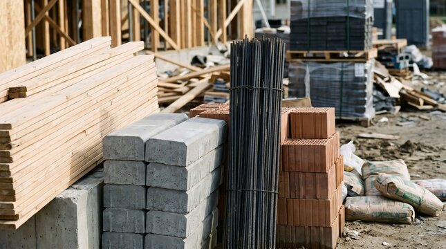 Construction site materials including stacks of wooden planks, heavy concrete blocks, steel rebar bundles, and orange clay bricks outdoors