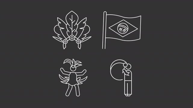 Animated Brazilian carnival show white line icons. Latin American street festival outline animation set. National cultural symbols of Brazil country. Dark mode linear motion graphics loop