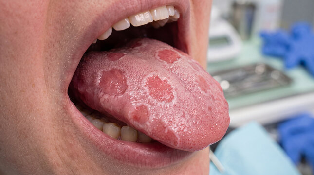 Patient showing geographic tongue for dentist examination