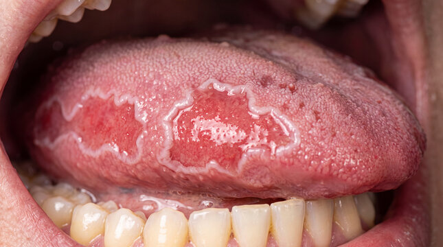 Geographic tongue condition macro view for dentist examination