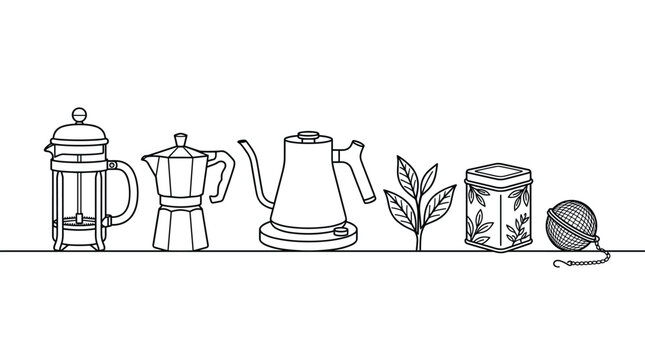 Coffee and tea brewing equipment line art showcases french presses and kettles for beverage preparation.