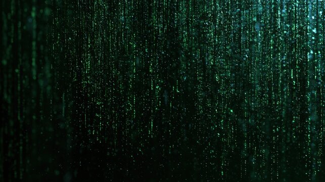 Digital matrix rain falling with glowing green code streams against a dark background. Perfect cybersecurity concept for technology and data science projects.