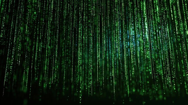 Green digital binary code streams raining down on a dark background. Perfect for cybersecurity, information technology, and programming concepts.
