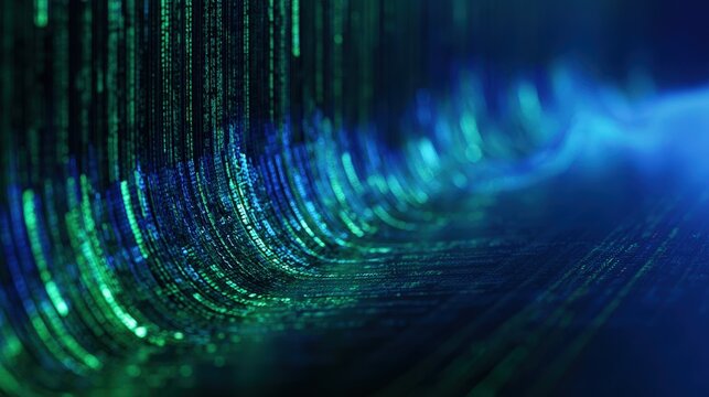 Glowing green binary code streams flow in a deep blue digital landscape. Use this abstract background for technology, cyber security, and data analysis concepts.