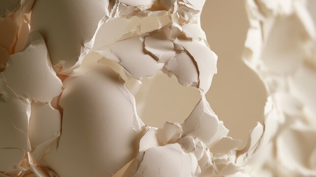 Abstract close-up of delicate cracked white eggshells with soft shadows. Ideal for minimalist artistic textures, organic food concepts, or symbolic growth and rebirth themes.
