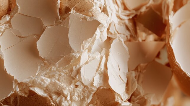 Macro close-up of broken brown eggshells forming a detailed natural texture. Use as a background for food industry, sustainability, or cooking content concepts.