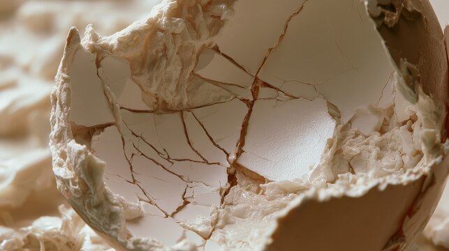A close-up view of a shattered white eggshell with detailed cracks under soft lighting. Perfect for concepts of fragility and new beginnings.