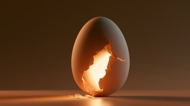A cracked eggshell glowing brightly from within under dramatic studio lighting. Perfect concept for new beginnings and birth themes.