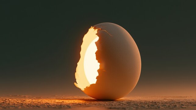 A glowing cracked eggshell emits bright warm light against a dark background. Perfect conceptual background for new beginnings and birth themes.