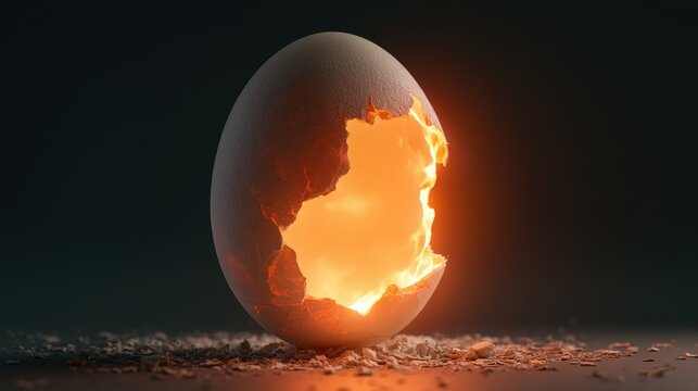 A cracked eggshell glowing with bright internal fire and surrounded by fragments against a dark background. Creative metaphor for new ideas, birth, and breakthrough concepts.