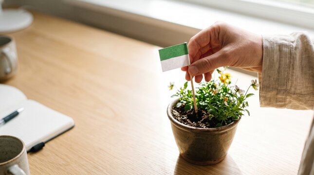 Hand placing small green and white paper flag into potted flowers on wooden desk
