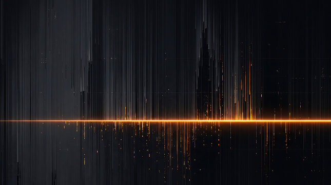 Abstract amber neon glowing horizontal laser line with vertical pixel sorting digital glitch effects and light streaks on a dark background for technology concepts.