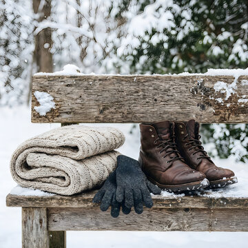 Brown leather boots with grey gloves and folded sweater on wooden bench