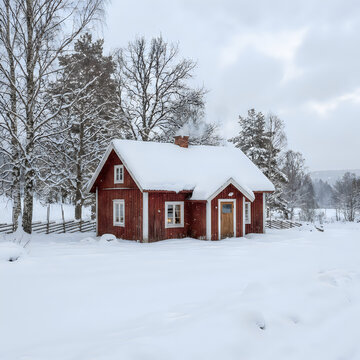 Red wooden cottage with snow covered roof in winter forest landscape