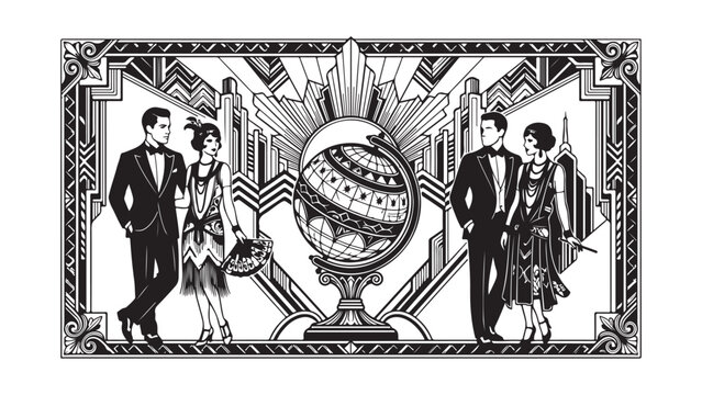 Roaring Twenties Art Deco Couple Scene in Tuxedos and Flapper Dresses Vector Design and Illustration with Vintage City Skyline Background