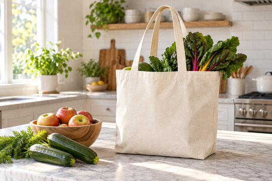 Blank canvas grocery tote with vegetables on a kitchen island