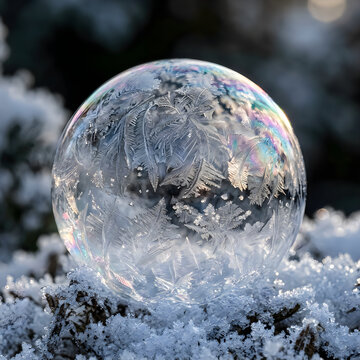 Frozen soap bubble with ice crystals resting on white snow in winter