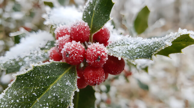 Red holly berries with white snow on green leaves in winter