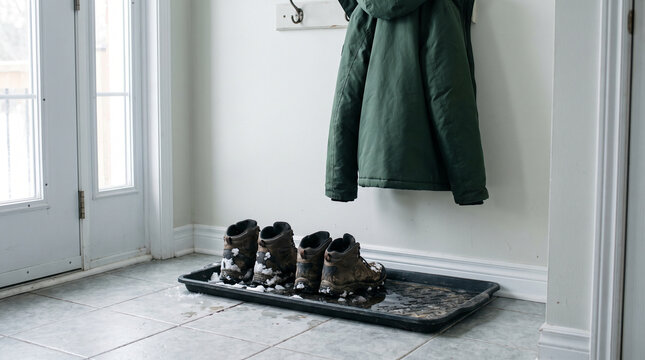Wet hiking boots with melting snow on a rubber boot tray in a home mudroom entryway, winter jacket hanging on a wall hook above