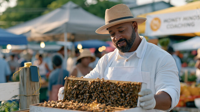 An apiarist steps back from a hive frame to assess the full colony structure in a crowded rural market, a phone buzzing on a nearby fence post, a money mindset coaching banner