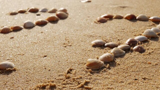 Mindful slow travel moment as a hand places individual seashells one by one into a curving line across sunlit beach sand, arranging seashells, summer vacation, coastal lifestyle, sand texture